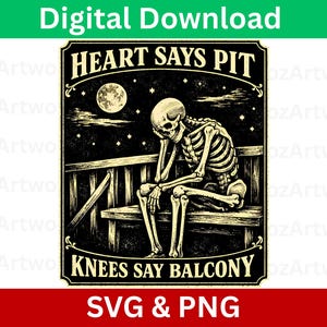 Divertida lámina con esqueleto en un balcón y la luna, arte gótico tenebroso (descarga digital en formato SVG y PNG)