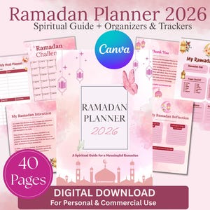 May include: A digital Ramadan Planner 2026 with a pink and white watercolor design. The planner includes organizers, trackers, and a spiritual guide. The cover features the text "Ramadan Planner 2026" and "Digital Download".
