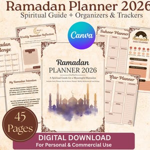 May include: A digital Ramadan Planner 2026 with a spiritual guide, organizers, and trackers. The design includes pages for daily planning, weekly reflections, and goal setting. The planner has 45 pages and is available for personal and commercial use.