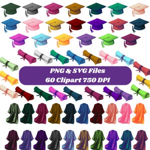 May include: A set of 60 graduation clipart images in PNG and SVG format. The clipart includes graduation caps in various colors, graduation gowns in various colors, and graduation diplomas in various colors. The clipart is 750 DPI.