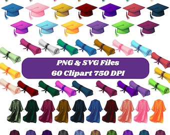 Watercolor Graduation Clipart Bundle PNG SVG 60 Colorful Graduation Hats, Gowns & Diploma Scrolls – High-Resolution 750 DPI Digital Download