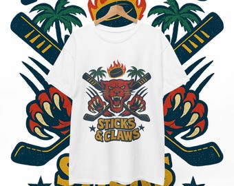Sticks & Claws Hockey T-Shirt, Fierce Panther Fan Tee, Florida Inspired Playoff Shirt, Bold Hockey Graphic with Palm Trees and Fire Puck