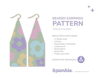 Floral Beaded Earrings Pattern: Brick Stitch Fringe, Miyuki Delica (PDF Download)