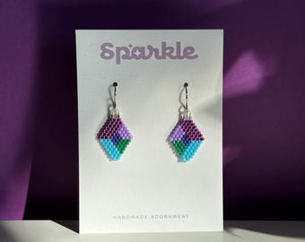 Geometric Beaded Earrings – Purple Aqua Miyuki Seed Beads, Handmade
