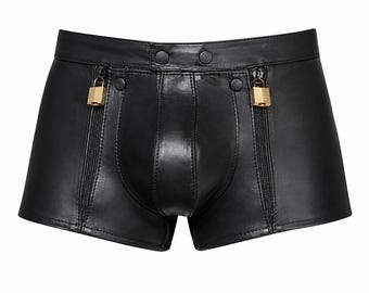 Cueca Boxer Masculina em Couro Genuíno – Preta, Estilo Motoqueiro, com Detalhe em Zíper