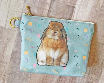 Orange Apollo's Flat Bottom Zipper Pouch (Lop Eared Bunny / Holland Lop, Memphis Pattern, Silver) Rabbit, Bunny Lover Gift