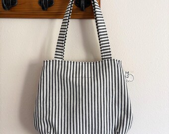 Small Black Striped Cotton Duck Tote Bag, Handmade Rounded Bag with Bunny Print Pocket, Minimalist Everyday Purse – Longer Handle Drop