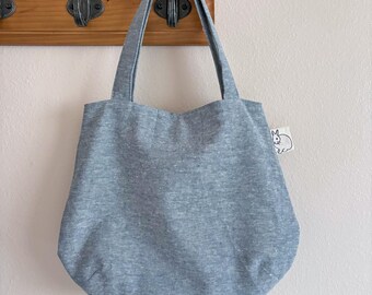 Small Denim Blue Cotton Linen Tote Bag, Handmade Rounded Bag with Bunny Print Pocket, Minimalist Everyday Purse