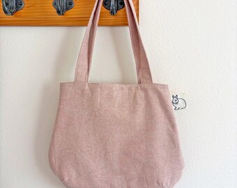 Small Dusty Pink Linen Cotton Tote Bag, Handmade Rounded Bag with Bunny Print Pocket, Minimalist Everyday Purse – Longer Handle Drop