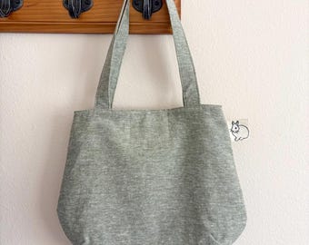 Small Sage Green Linen Cotton Tote Bag, Handmade Rounded Bag with Bunny Print Pocket, Minimalist Everyday Purse – Longer Handle Drop