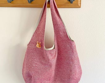 Muted Red Linen Cotton Hobo Tote Bag with Bunny Brooch, Slouchy Shoulder Purse with Pocket, Final Stock