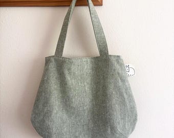 Small Sage Green Linen Cotton Tote Bag, Handmade Rounded Bag with Bunny Print Pocket, Minimalist Everyday Purse
