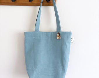 Light Blue Cotton Duck Canvas Tote Bag with Holland Lop Bunny Rabbit Pin, Shoulder Bag, Inner Pocket