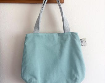 Small Mint Green and Gray Cotton Duck Tote Bag, Handmade Rounded Bag with Bunny Print Pocket, Minimalist Everyday Purse
