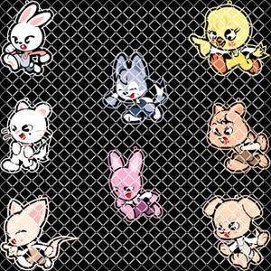 Puede incluir: Una colección de personajes de animales de dibujos animados, incluyendo un conejo, un pollito, un lobo, un oso, un ratón, un perro y un zorro, se muestran sobre un fondo negro con una superposición de malla blanca. Cada personaje está delineado en blanco y tiene un esquema de color único.