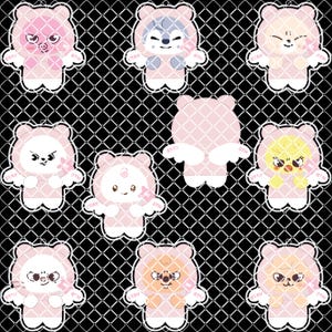 Puede incluir: Colección de nueve pegatinas de personajes de dibujos animados. Cada pegatina presenta un personaje con un disfraz de oso rosa con diferentes expresiones faciales. Las pegatinas están delineadas en blanco y sobre un fondo negro con un patrón de malla blanca.