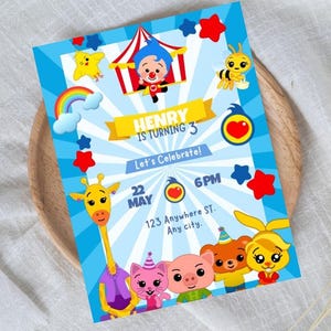 Plim Plim Birthday Invitation for Kids, Circus Theme Digital Invitation, Editable Canva Template, Colorful Party Invite Instant Download
