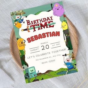 May include: A vibrant birthday invitation with Adventure Time characters. The design features a green backdrop with the text "BIRTHDAY TIME SEBASTIAN" and event details. The invitation includes cartoon illustrations of characters from the show.