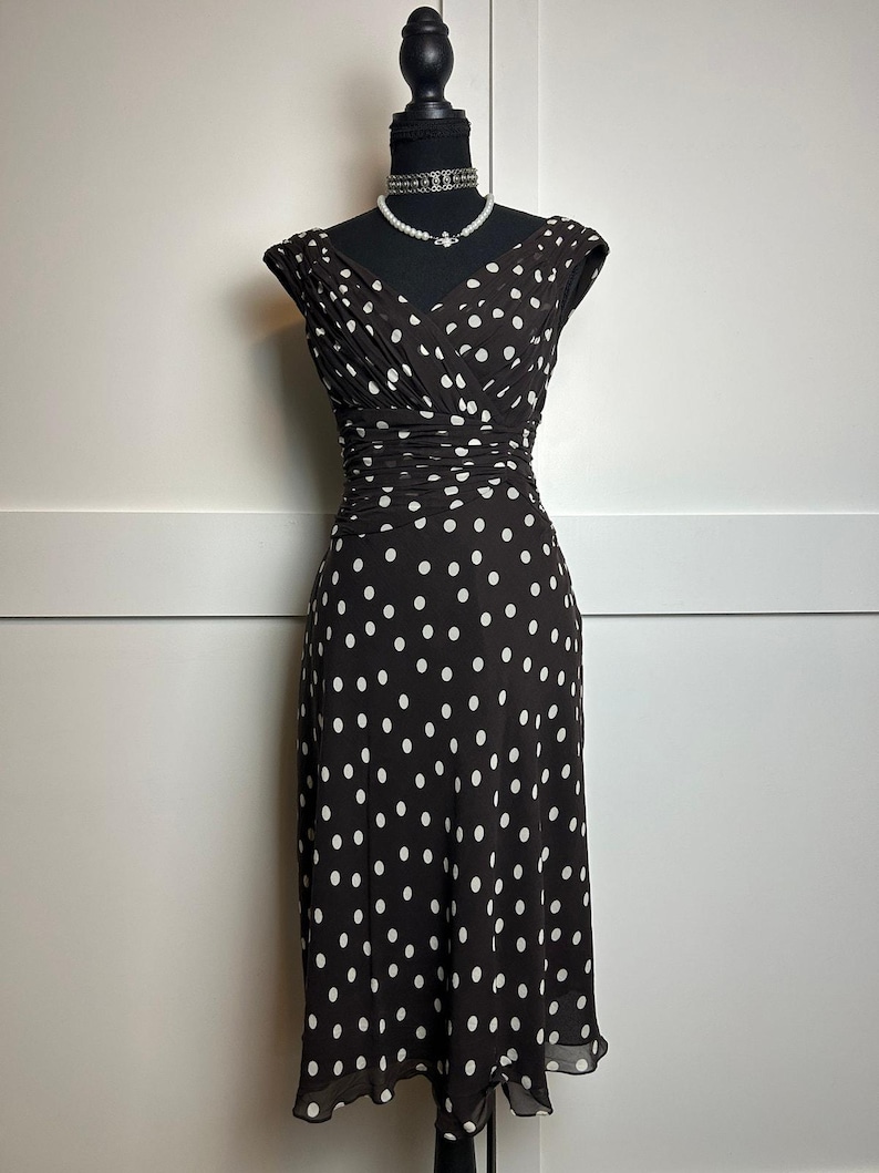 Adrianna Papell 100% Silk Western Polka Dot Dress 10P Chocolate Brown Midi image 1