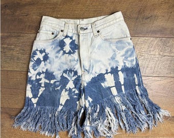 High Waisted Distressed Denim Shorts Bleached Tie Dye Frayed Hem Festival Cutoffs Size 26