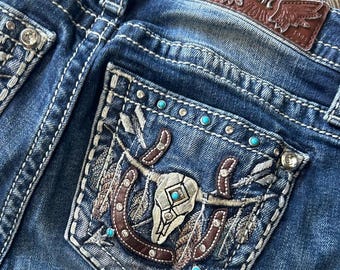 Miss Me Western Skull Horseshoe Bootcut Jeans Size 26 Y2K Outlaw Glam