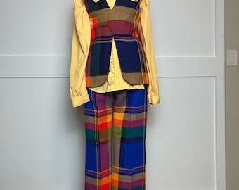 Vintage 60s 70s Rainbow Tartan Wool Vest & Pants Set Westway Dale Mod Suit Set