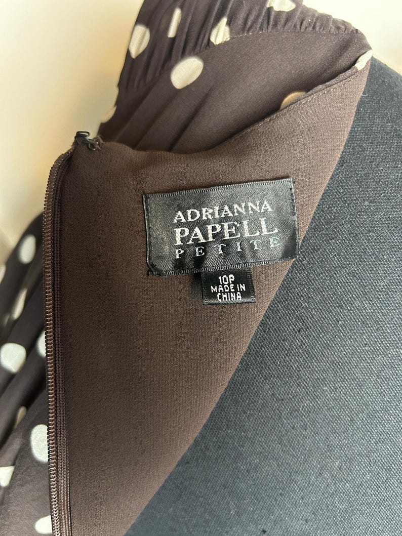 Adrianna Papell 100% Silk Western Polka Dot Dress 10P Chocolate Brown Midi image 3
