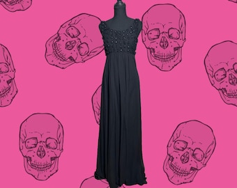 Betsey Johnson Black Silk Beaded Sequin Babydoll Maxi Dress