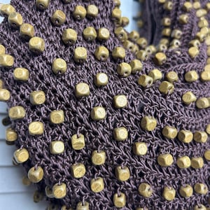 Boho crochet market bag wood bead tote brown earthy festival slouchy purse