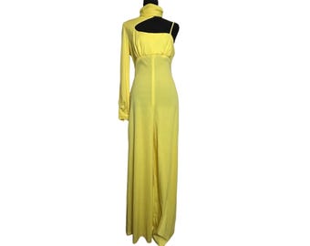 Mono Mod hecho a mano de los años 60, color amarillo canario, pierna ancha, cremallera Robin, estilo vintage