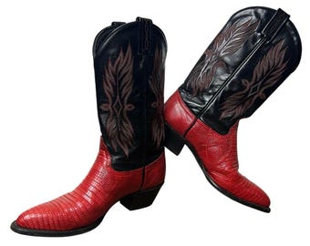 Botas vaqueras Tony Lama Lizard rojas y negras con bordados, talla 6.5.