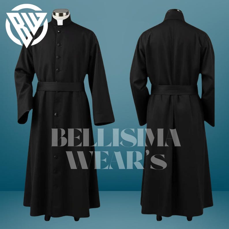 Cassock Style Robe Refined Black Wool Clerical Cassock – Tailored Robe With Elegant Belt ...