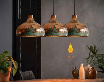Set of 3 Oxidized Copper Dome Pendant Light, Handcrafted Green Patina Farmhouse Ceiling Fixture.