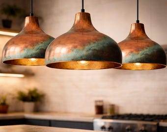 Set of 3 Oxidized Copper Dome Pendant Light, Handcrafted Green Patina Farmhouse Ceiling Fixture.