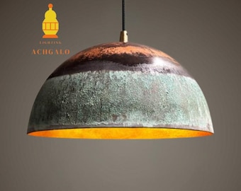Handmade Copper Dome Pendant Light, Green Patina Finish