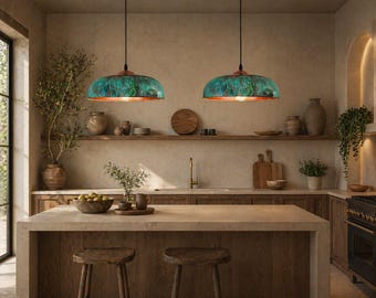 Set of 2 Moroccan Brass Pendant Lights, Hammered Copper Fixtures, Kitchen Island Lighting