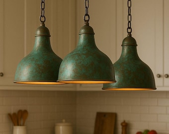 Set of 3 Oxidized Copper Dome Pendant Lights,Green Patina Farmhouse Fixture