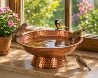 May include: A decorative copper bird bath with a hammered finish, filled with water. Several small birds are perched on the rim and base. The bird bath is near a window with a view of greenery and pink flowers.