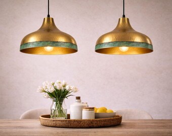 Set van 2 handgemaakte koperen koepelhanglampen: art-deco keukeneilandverlichting