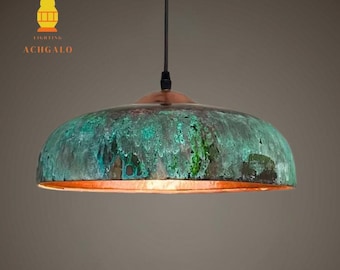 Handmade Copper Dome Pendant Light, Green Patina Finish