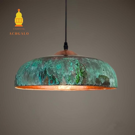 Handmade Copper Dome Pendant Light, Green Patina Finish