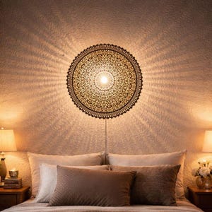 May include: A decorative wall lamp with a circular, intricate, openwork design. The lamp casts a warm, patterned light onto the textured wall. The lamp is above a bed with pillows and lamps on either side.