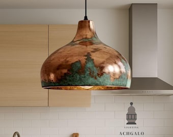 Handmade Copper Dome Pendant Light, Green Patina Finish