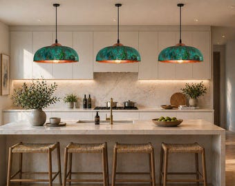 Juego de 3 lámparas colgantes con cúpula de cobre oxidado, lámpara de techo estilo granja con pátina verde hecha a mano.