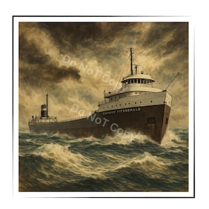 Puede incluir: Representación artística del carguero Edmund Fitzgerald navegando en aguas turbulentas. El barco es marrón y blanco, con el nombre visible en la proa. El cielo está nublado y las olas son fuertes.