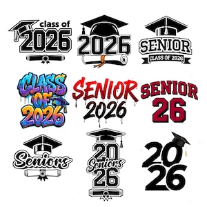 May include: A selection of graduation-themed graphics, displaying "Class of 2026" and "Senior 2026". The designs incorporate mortarboards, scrolls, and diverse font styles in black, red, and graffiti-style lettering.
