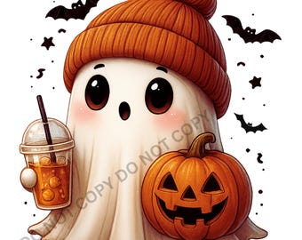 Kawaii Halloween Ghost Clipart: Pumpkin, Coffee PNG SVG
