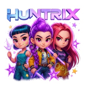 May include: Digital illustration featuring three stylized female characters with vibrant hair colors: blue, purple, and red. They are holding glowing purple weapons and surrounded by stars. The word "HUNTRIX" is displayed above them in a gradient font.