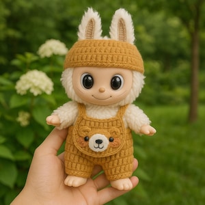 Labubu Crochet Pattern PDF, Bunny Hat & Bear Overalls, Labubu Doll Clothes, Amigurumi Outfit Pattern, labubu clothes, Cute Plush Bunny