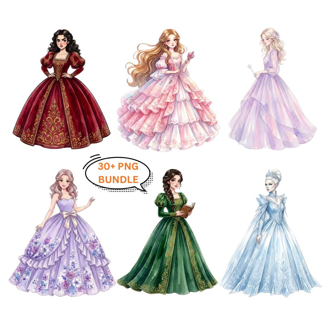 Princess Watercolor Png Bundle, 30+ Fairytale Princess Clipart ...